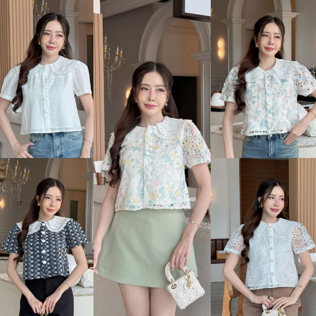 [S-4XL] เสื้อลูกไม้ตัวสั้นปกลูกไม้สองชั้นผ้าปักฉลุมีซับใน