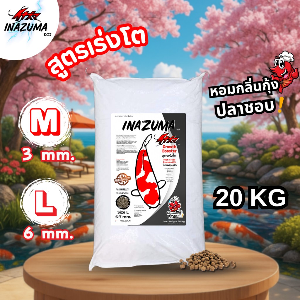 Inazuma Koi สูตรเร่งโต 20 Kg. อาหารปลาคาร์ฟเกรดพรีเมียม โปรตีนสูง สำหรับปลาคาร์ฟ ปลาทอง ปลาสวยงาม