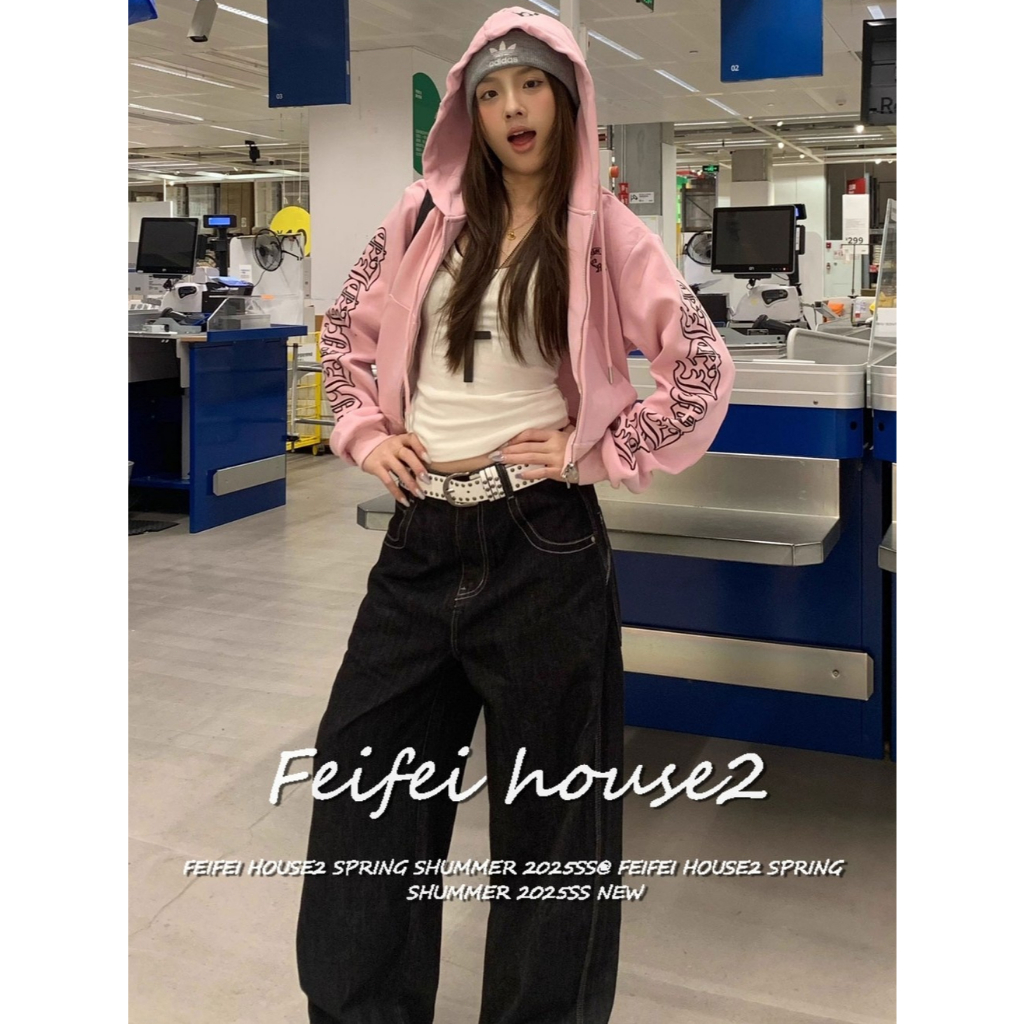 [Women's letter print long-sleeved coat]เสื้อโค้ทแขนยาวมีฮู้ดซิปพิมพ์ลายวินเทจลำลองสำหรับผู้หญิง