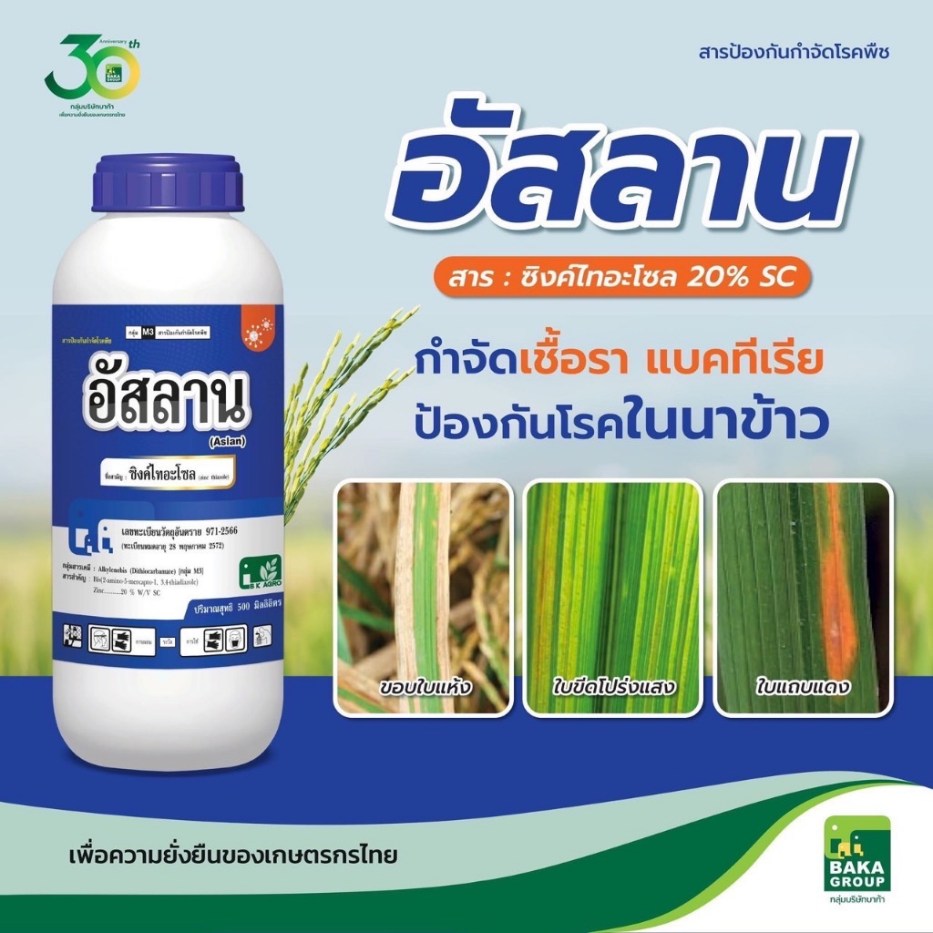 อัสลาน สารซิงค์ไทอะโซล 20% SC ป้องกันและกำจัดโรคแบคทีเรีย สำหรับนาข้าวและพืชชนิดต่างๆ ขนาด 500 มล.