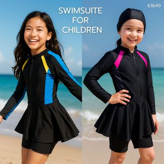 ชุดว่ายน้ำเด็กผู้หญิงกระโปรง ชิ้นเดียว พร้มหมวกว่ายน้ำ แขนยา…