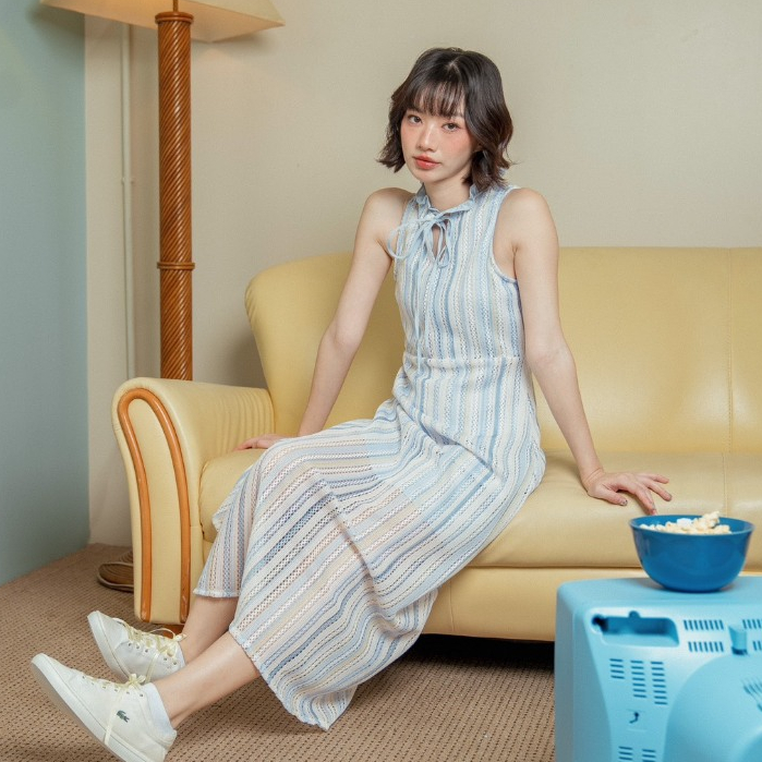 kokiji - Sora Dress (เดรสยาวคอระบายลายทาง XS-XL)