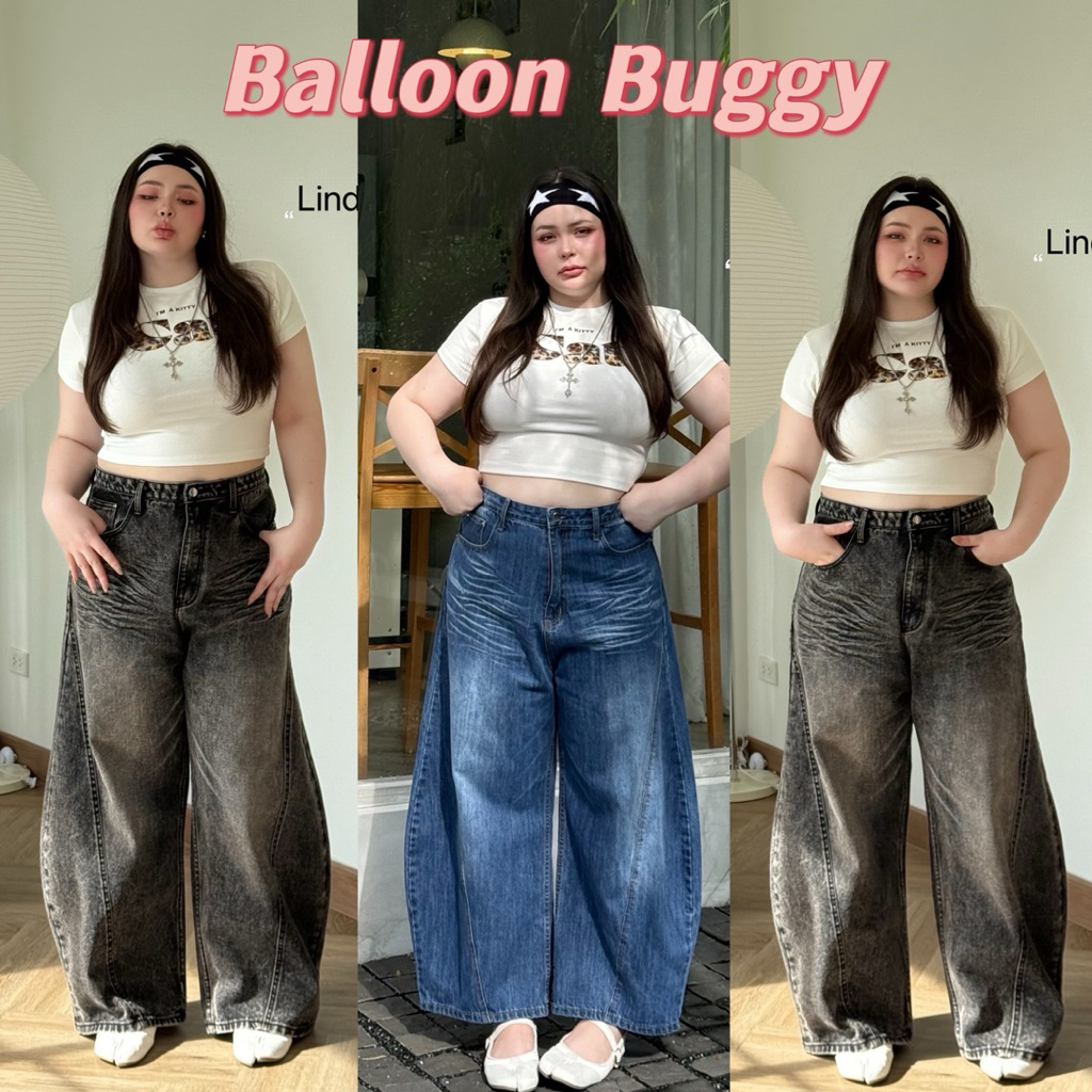 Balloon Buggy กางเกงยีนส์บัคกี้ ทรงบอลลูน ปลายขาจะแคบลงเพื่อความสวยงาม ทรงสวยมาก แต่งเฟด ตัดเย็บเพื่อสาวอวบ ไซส์ใหญ่