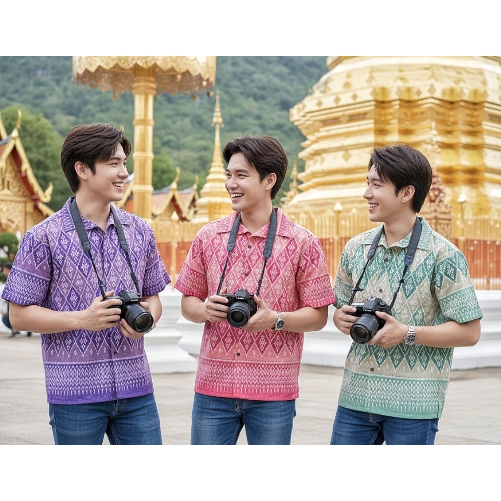 เสื้อพื้นเมืองผู้ชายคอเชิ๊ตลายไทยลายดอกพิกุลพระราชทาน