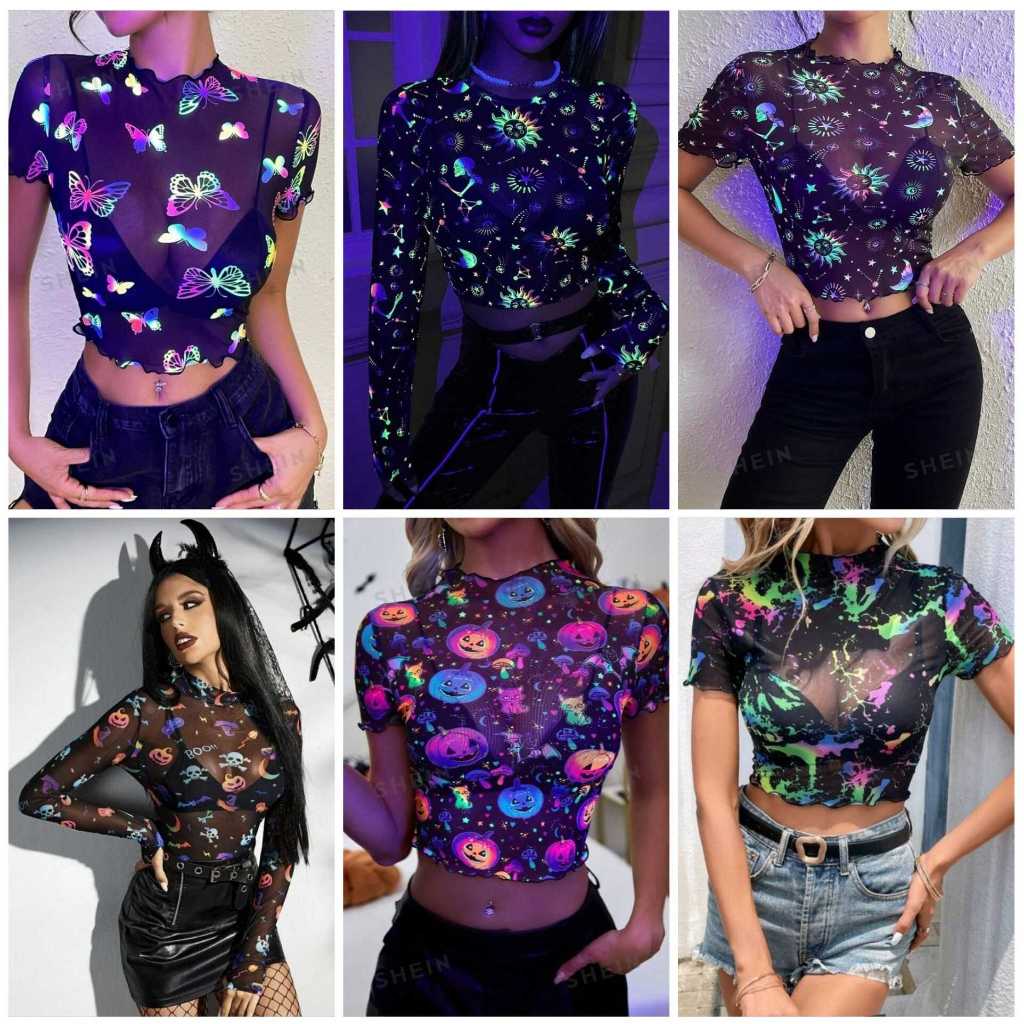 👻💋พร้อมส่งจากไทย เสื้อครอป ผู้หญิง  เรืองแสง ใน Blacklight ลายกราฟฟิค ผ้าโปร่ง ซีทรู ผ้าตาข่าย  ชุดดำ สงกรานต์