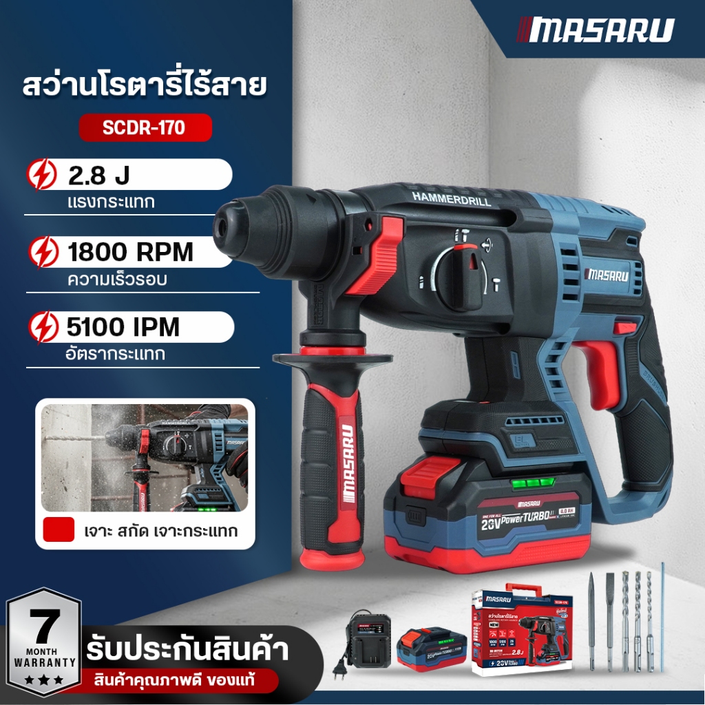 MASARU สว่านโรตารี่ไร้สาย รุ่น SCDR-170 สว่าน 3IN1 เจาะ สกัด กระแทก สว่านโรตารี่ Cordless Rotary