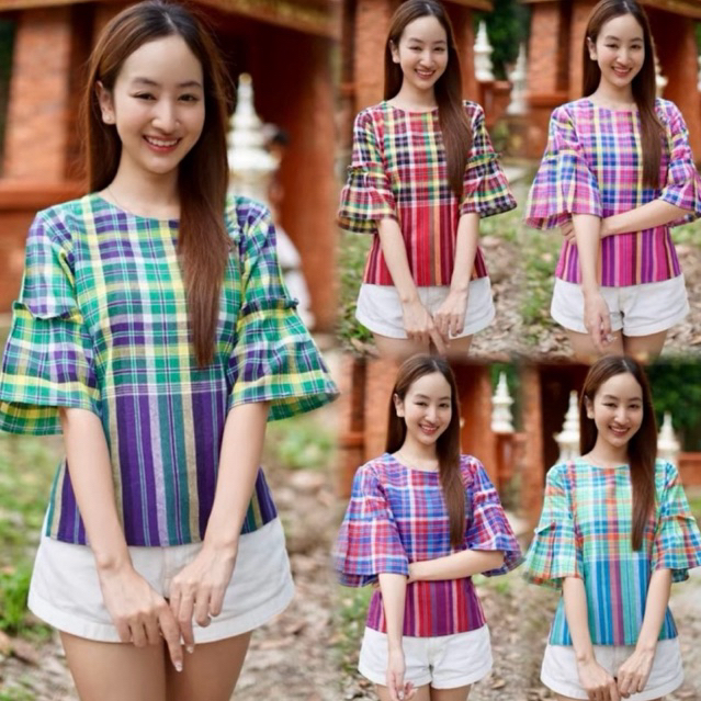 เสื้อผ้าขาวม้า คอกลม แขนกระดิ่ง (12สี)
