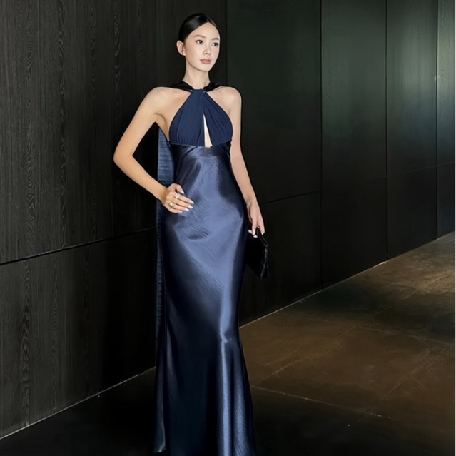 PAPHA พร้อมส่ง | Navy satin Dress ชุดเดรสซาตินสีกรม ออกงานเรียบหรู | TC-9887