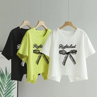 เสื้อครอปน่ารักสไตล์เกาหลี oversize เสื้อผ้าสาวอวบอ้วนไซส์ใหญ่ เสื้อยืดสวยๆผู้หญิงกําลังฮิตใหม่ล่าสุด ผ่าด้านหลัง แฟชั่น