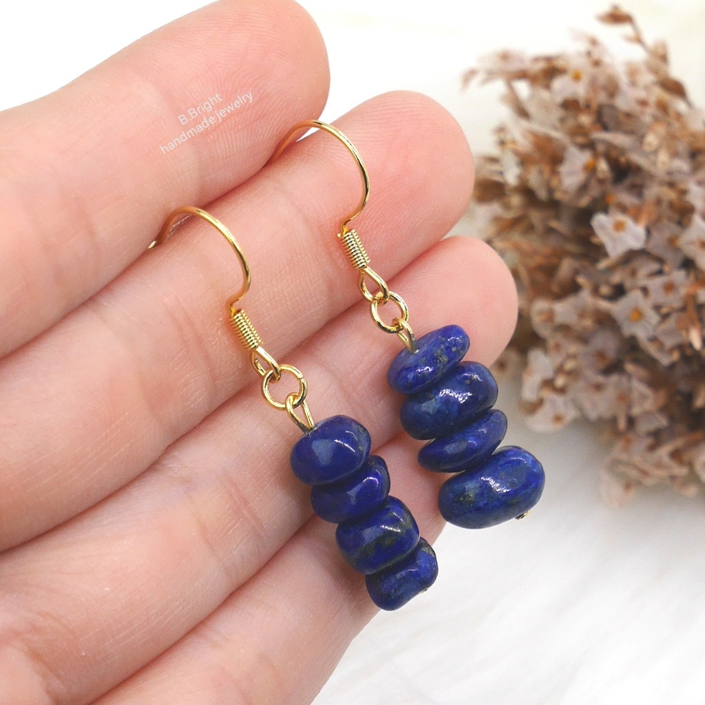 มีส่งด่วน💥 ต่างหูหินแท้ ลาพิส ลาซูลี (Lapis lazuli) แบบก้านร้อย งานทำมือ 100% พร้อมส่งค่ะ
