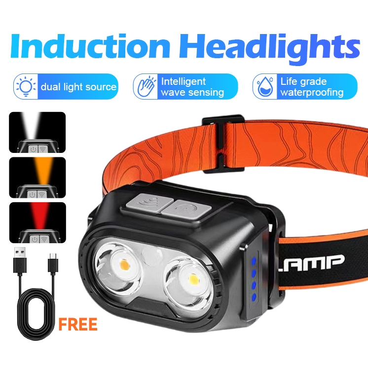 ไฟฉายคาดหัว LED กันน้ำ ชาร์จใหม่ได้ ไฟฉายคาดหัว ควบคุมโบกมือ ระยะไกล แสงสีขาว/สีแดง/สีเหลือง