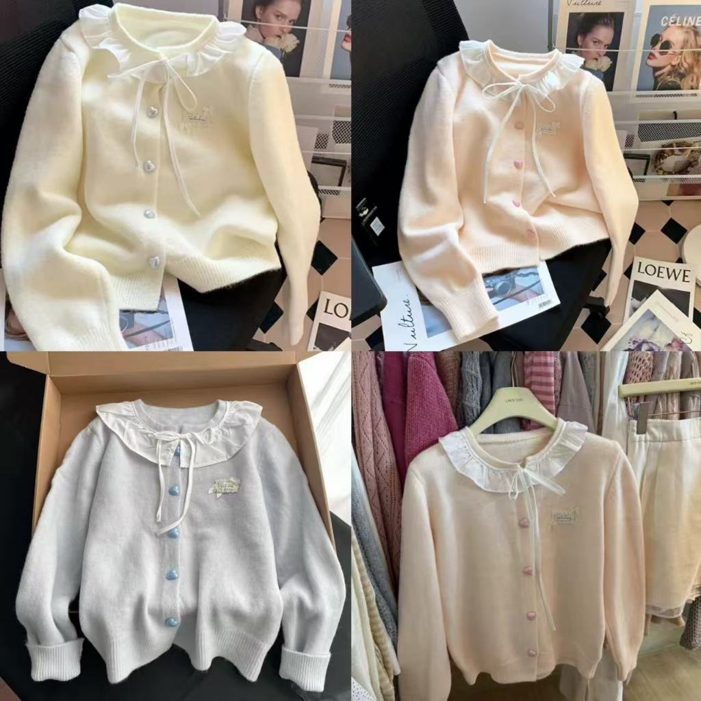 🔥พร้อมส่งจากไทย🔥เสื้อคาร์ดิแกนถักผูกโบว์สีฟ้าอ่อนหวาน ชุดเสื้อระบายใหม่