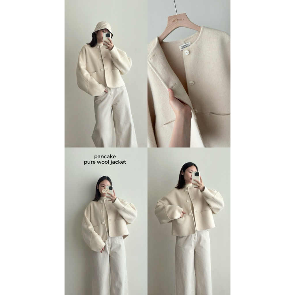 FADTHINGS แจ็กเก็ตขนสัตว์แท้ทำมือ Double-face (Pure Wool) แบบไม่ติดกระดุมคอ 🥞 รุ่นสี warm creamy