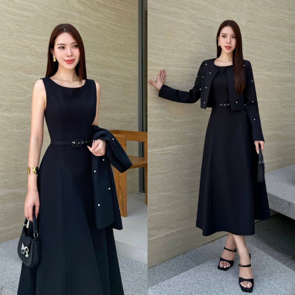 S-3XL ชุดไปงานสีดำ ชุดเซ็ต 3ชิ้น เสื้อสูท +เดรส+เข็มขัด Aiyarin