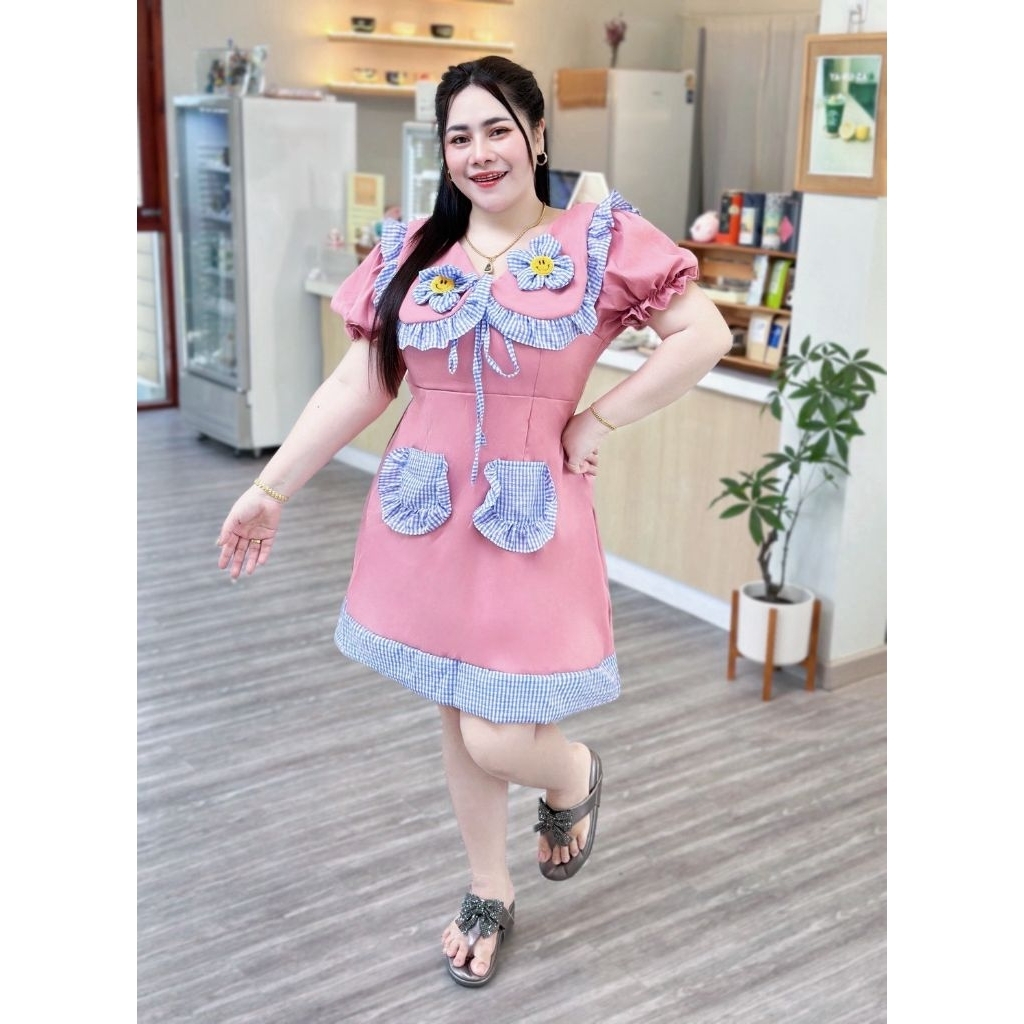 พร้อมส่งเดรสปกสก็อตซิปหลัง ผ้าซาร่า สม็อคหลัง ซิปซ่อนหลัง