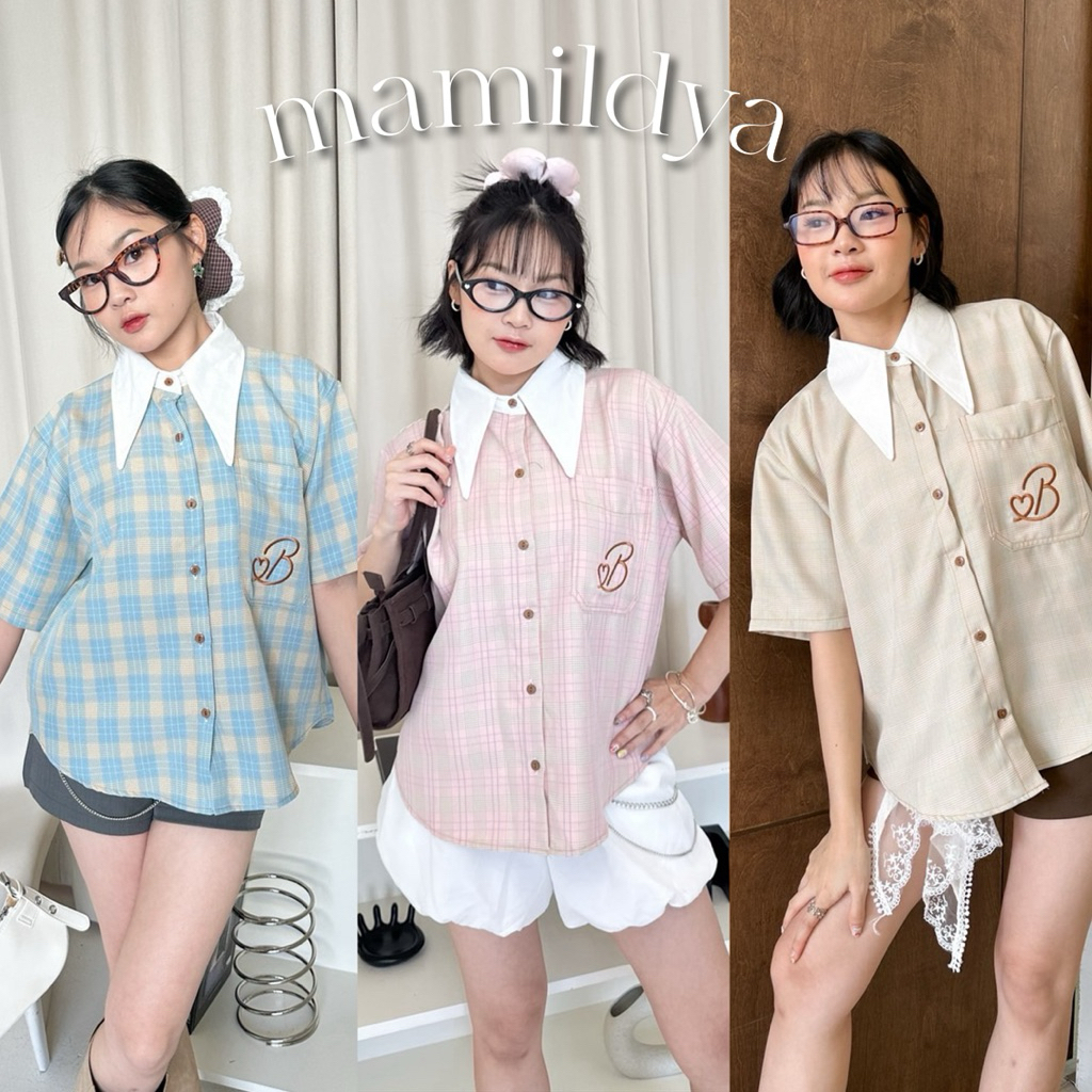 Mamildya.shop  เสื้อเชิ้ตปกแหลมกุ้นขอบตัดสี ทรงโอเวอร์ไซส์/ G2-3/COOK-ต่ายโอ