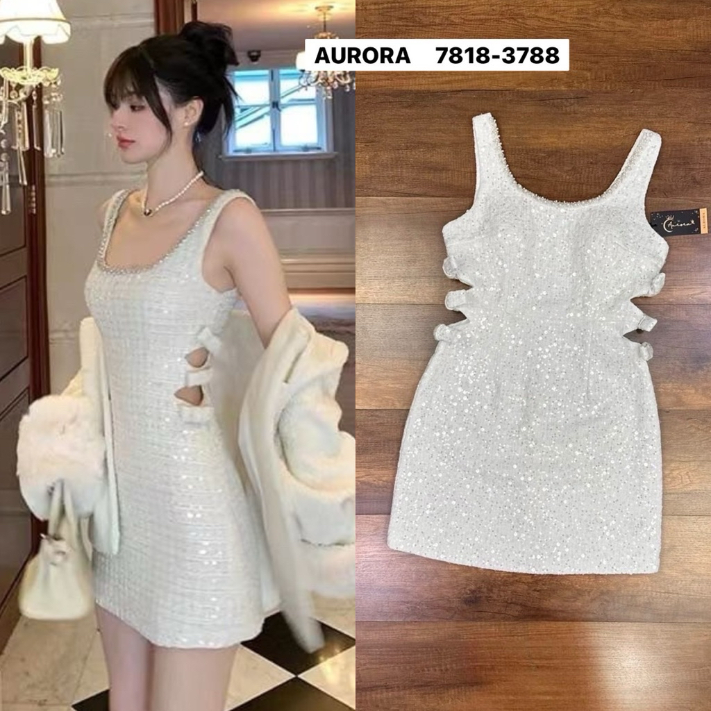 พร้อมส่ง เติม M AR 7818 เดรสทวีตสีขาวสวยหหรูโดดเด่น แซ่บสไตล์ผู้ดี