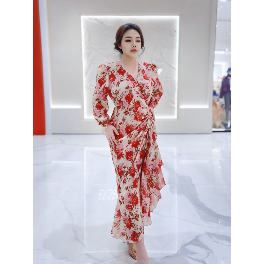 🥇Best Seller🥇เดรสยาวคอวีอกไขว้รูดข้างแขนยาวปลายแขนสม๊อคลายดอกแซ่บมาก#Maisie Shop - รูปที่ 6