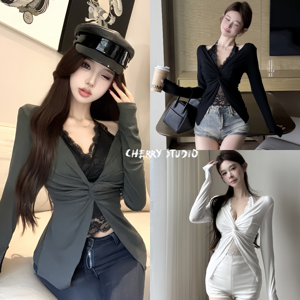 Cherry พร้อมส่ง🍒 ดีไซน์จับจีบคอเสื้อแขนยาว  สไตล์สาวฮอตเสื้อคล้องคอ แต่งลูกไม้ เสื้อครอปทรงเข้ารูปเซ็กซี่แฟชั่นผู้หญิง