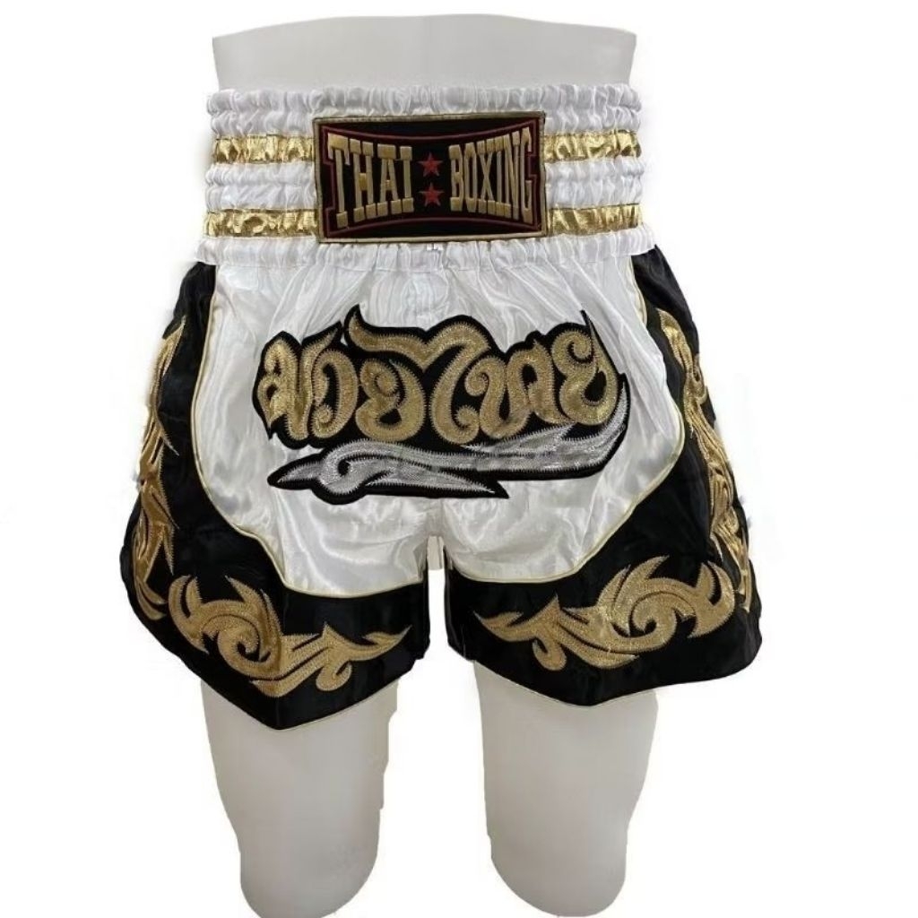 💥มีส่งด่วน💥กางเกงมวยของผู้ใหญ่ ผ้าซาติน รุ่นลายไทยปักอักษรสีทอง (Thai boxing)