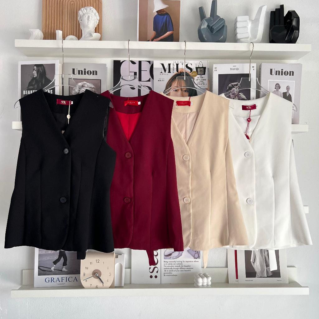 Lawyer Store  [530887] เสื้อกั๊ก แต่งเชือกกระดุมหลัง เสื้อแขนกุดกระดุมแถวเดียว คอตั้ง เสื้อแจ็คเก็ตเ