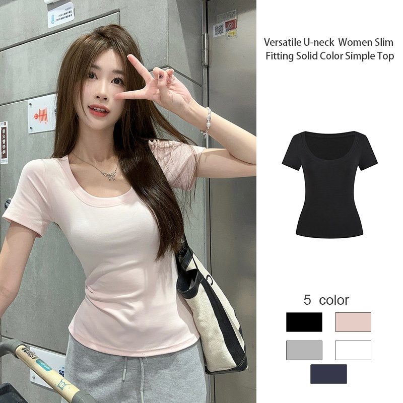 เสื้อยืดคอกลมแขนสั้นผู้หญิงเข้ารูปสีพื้นเรียบง่าย JD