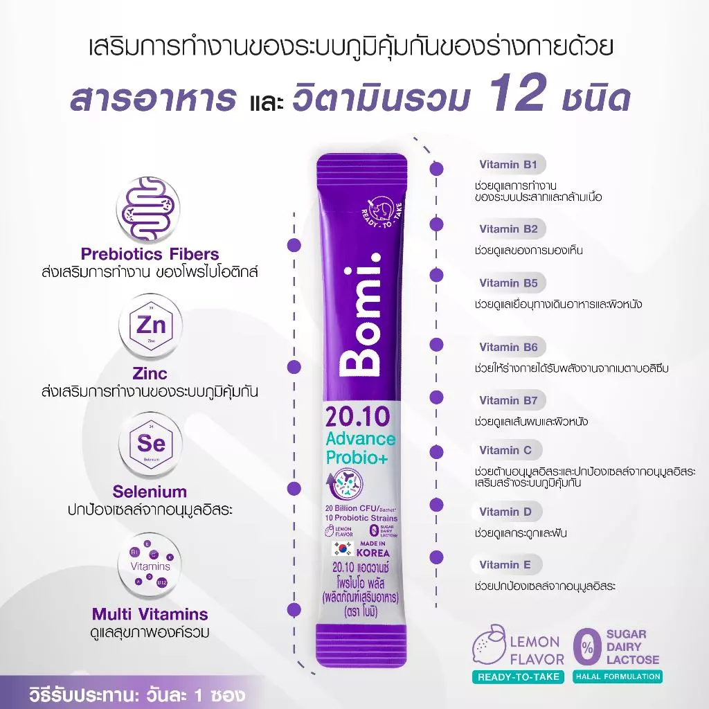 Bomi 20.10 Advance Probio+ (14x2g) โพรไบโอติกส์สูตรแอดวานซ์ ปรับอาการแปรปรวน คืนสมดุลลำไส้ thumbnail 8