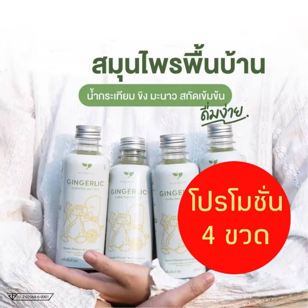 GINGERLIC น้ำกระเทียมขิงสกัด (โปร 4 ขวด) น้ำสมุนไพรสกัดเย็น กระเทียม ขิง มะนาว น้ำแอปเปิ้ลไซเดอร์