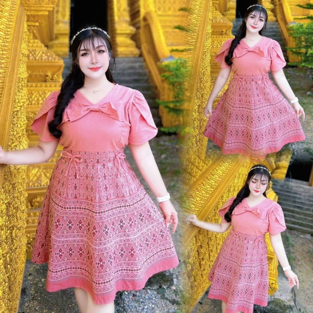 ชุดเดรสผ้าไทยประยุกต์ชุดคุณครูชุดออกงานพิธีการสวยมากสาวอวบแต่งโบว์น่ารัก