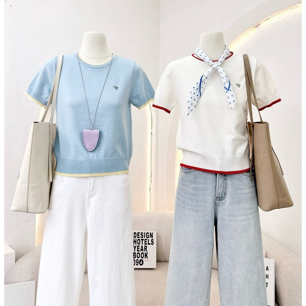 WA YA เสื้อคอกลมผ้าไหมพรมขอบทูโทน