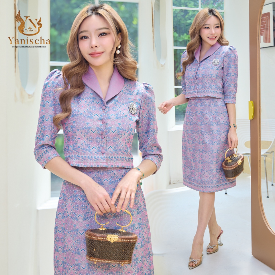 ชุดร้านญาณิศชา ชุดไทย ชุดเซ็ทผ้าฝ้ายทอลาย เสื้อทรงครอป กระโปรงทรงดินสอ ชุดออกงาน ไปวัด ทำบุญ ชุดงานเลี้ยง - สีม่วง