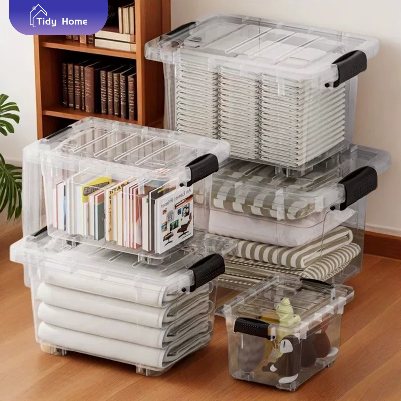 Tidy กล่องเก็บของ กล่องพลาสติก ความจุสูง กล่องเก็บของอเนกประสงค์ 50-400# ใช้เก็บของ เก็บเสื้อผ้า สีโปร่งใส มีล้อ