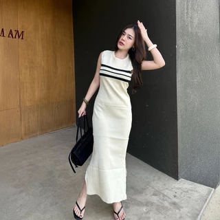 เดรสแขนกุด ทรงถ่วงยาว ผ้าไหมพรม แต่งแหวกข้าง ผ้ายืดตามตัว สาวอวบใส่ได้ เรียบหรูดูแพง รุ่น น้ำพุ