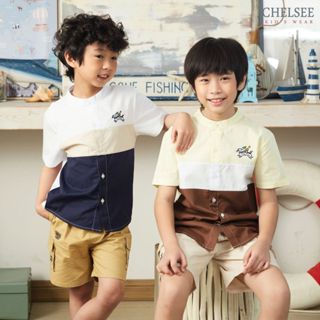 Chelsee เสื้อเชิ้ตคอจีน แขนสั้น ตัดต่อสี เรียบๆ 100%Cotton เ…