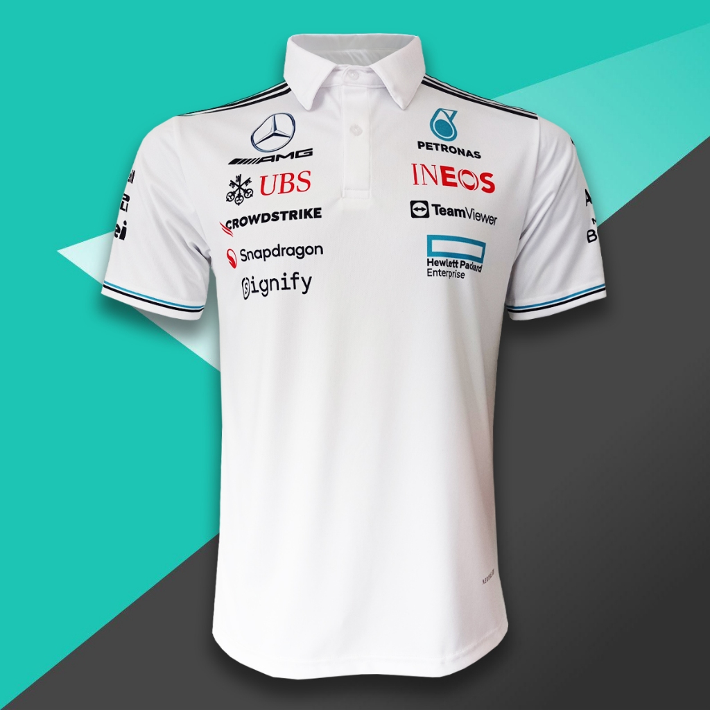 เสื้อโปโล F1 ทีม เมอร์เซเดส AMG 2025 #FM0152 สีขาวคอปก พิมพ์ทั้งตัว ไซส์ S-5XL