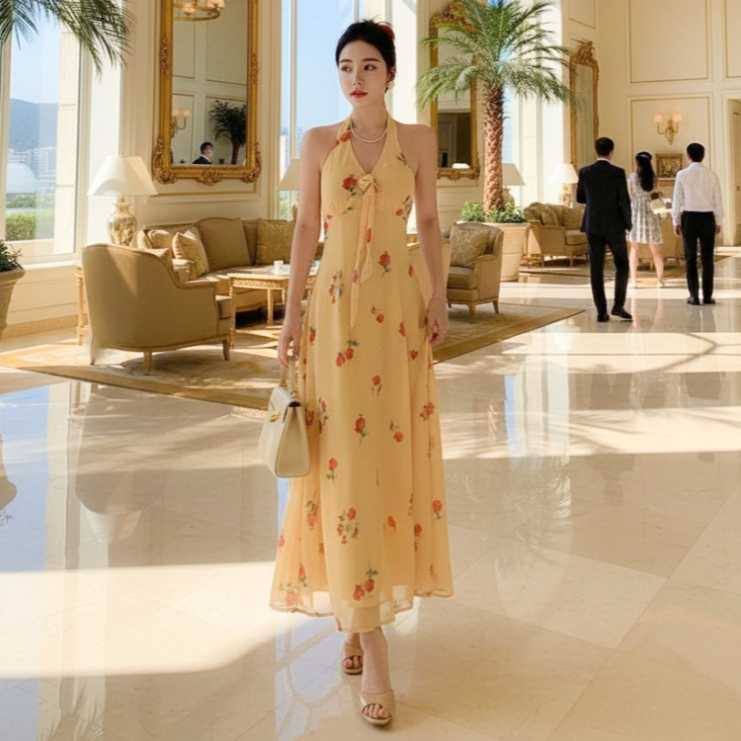 [จัดส่ง 5/1/2026] SDF084 : ชุดเดรสยาว คล้องคอ สีเหลือง ลายดอกไม้ ด้านหลังเป็นสม็อค ใส่เที่ยว ใส่ออกง