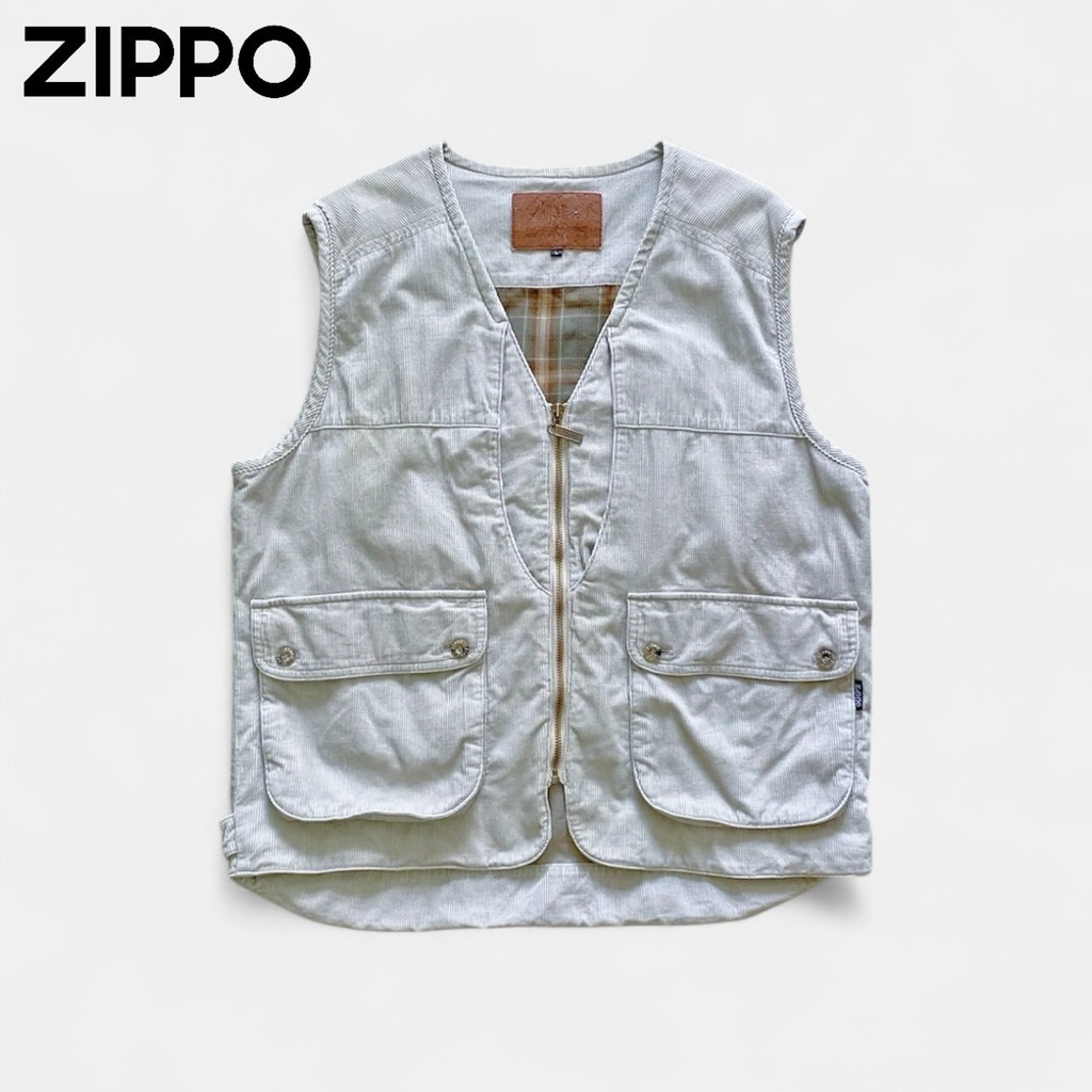 เสื้อกั๊กมือสอง สีเทา สไตล์วินเทจ ZIPPO ผ้าลูกฟูก (size L) อก42/ยาว26 สภาพดีไม่มีตำหนิ