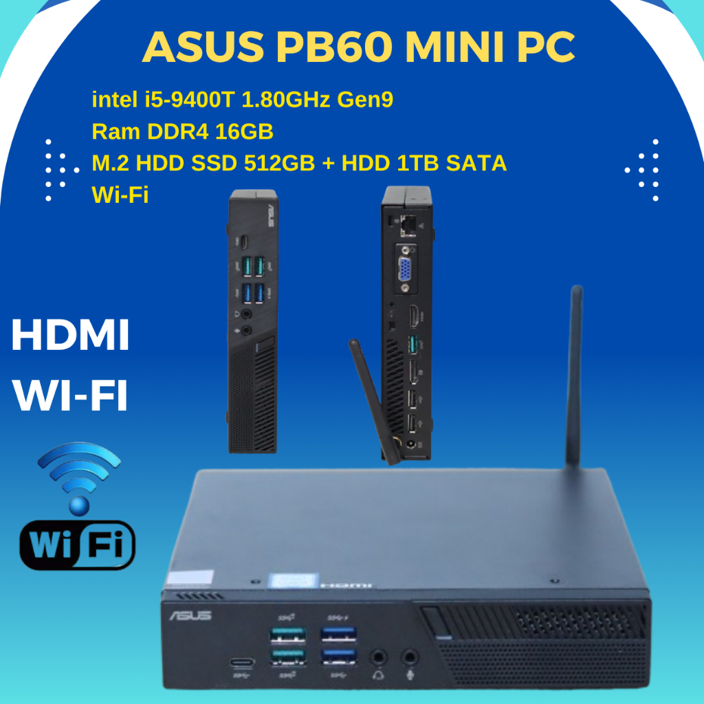 Asus PB60 Mini PC -intel i5-9400T 1.80GHz Gen9-Ram DDR4 16GB -HDD SSD M.2 512GB+HDD 1TB SATA-HDMI-DP