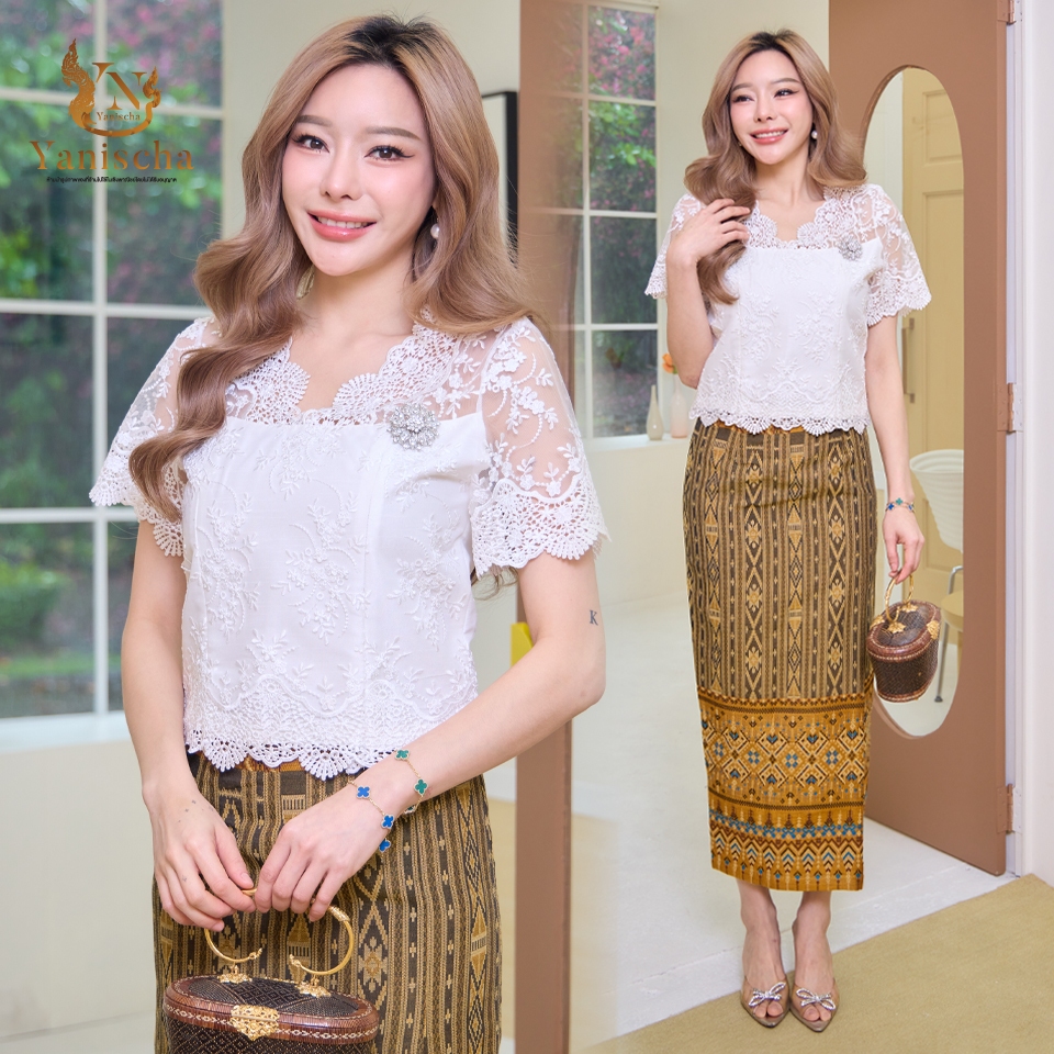 ชุดร้านญาณิศชา ชุดไทย ออกงาน ชุดไปวัด ทำบุญ เสื้อลูกไม้ฝรั่งเศส ผ้าถุงสำเร็จ