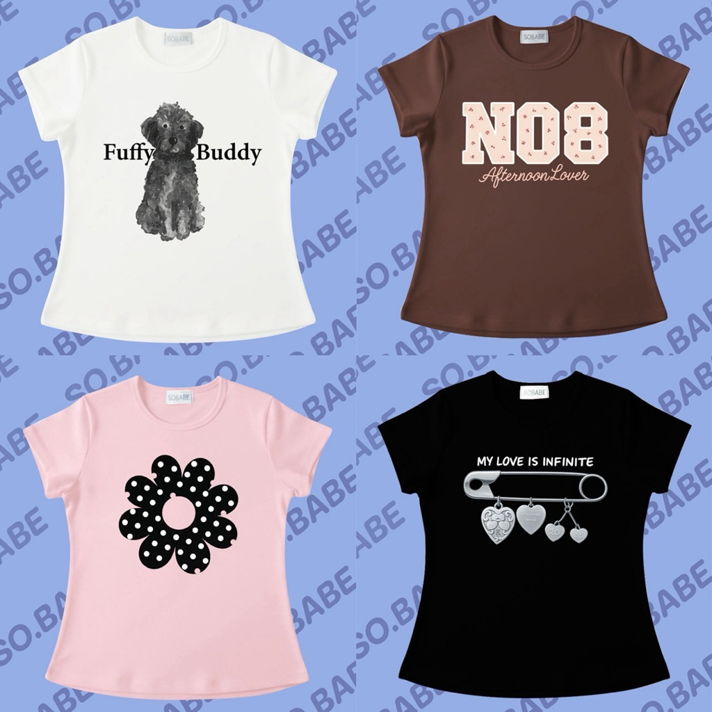so.babe | เสื้อยืดทรงbabyteeกุ้นขอบคอ แขนสั้น ผ้ายืดยูนิโคล่ ทรงเข้าเอว งานสกรีนดิจิตอล