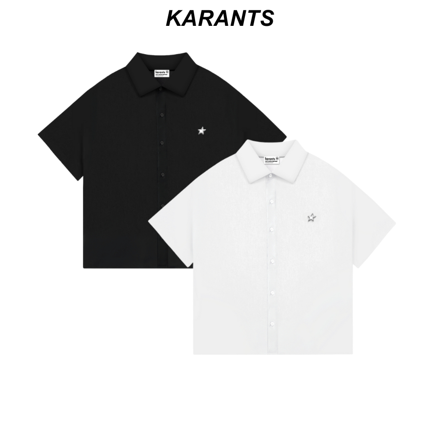 Karants เสื้อเชิ้ตสีพื้นโลโก้โลหะ ทรง Cropped Boxy ผ้า Cotton เย็น เกรดพรีเมียม สำหรับผู้ชายและผู้หญ