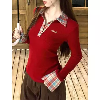 ส่งจากไทยทุกวัน คอวี เสื้อยืดผู้หญิง แขนยาว คอโปโล ทรงเข้ารูป 2สี UMISO