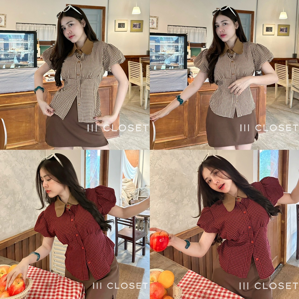 เสื้อเชิ้ต lll Freesize lll MR024 คอปก กระดุมหน้า แขนพอง มีโบว์ผูกเข้ารูป เนื้อผ้าคอตตอน