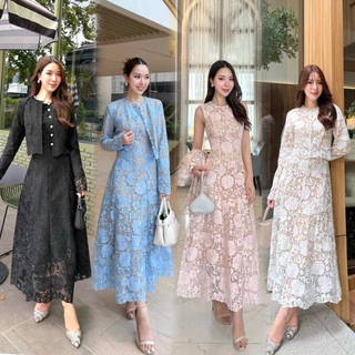S-XXL ชุดเดรสลูกไม้แขนยาว สีขาว/ชมพู/ฟ้า/ดำ ใส่ออกงาน, ทำบุญ ไปงานแต่งงาน งานบวช #Alicia #Abigail