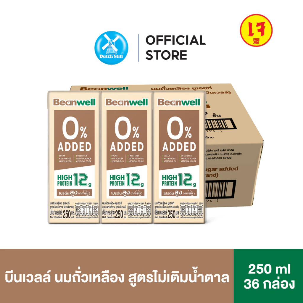Beanwell บีนเวลล์ นมถั่วเหลืองยูเอชที สูตรไม่เติมน้ำตาล 250 มล. x 36 กล่อง