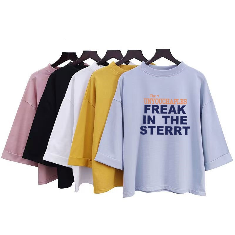 เสื้อแขนสามส่วนผู้หญิงอวบ oversize เสื้อผ้าสาวอวบไซส์ใหญ่แฟชั่นมาใหม่ เสื้อยืดสวยๆลําลองทรงหลวมสไตล์เกาหลี สกรีนลาวินเทจ