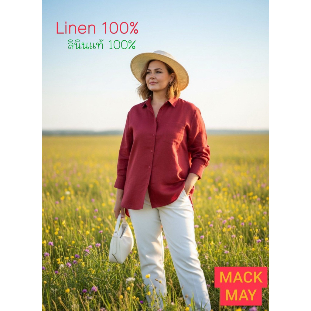 เสื้อเชิ้ตลินินแท้100%ทรงOversizeแขนยาว8ส่วนกระเป๋าหน้าพรีเมี่ยมหรูหรา✅