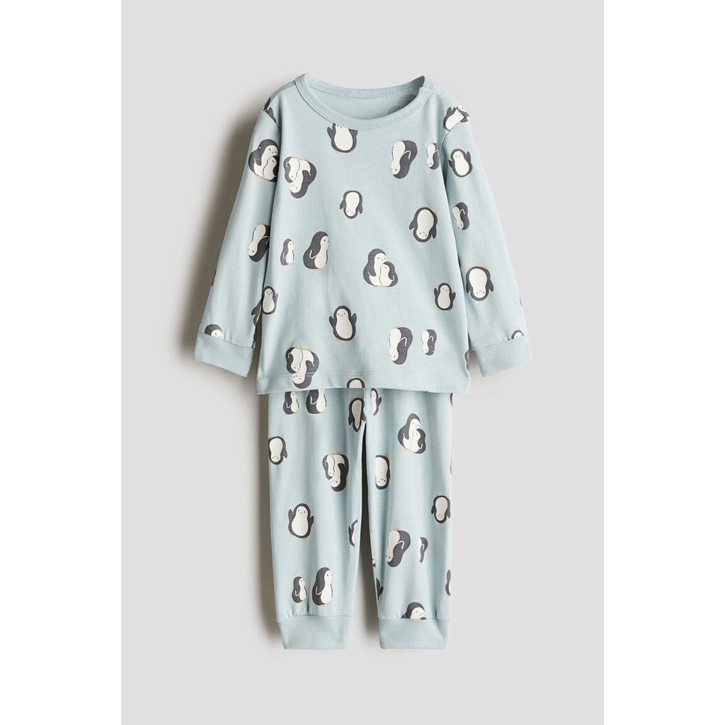 H&M ชุดนอนเซตเสื้อ+กางเกง ผ้าฝ้าย เพนกวิน หัวใจชมพู เด็กอ่อน