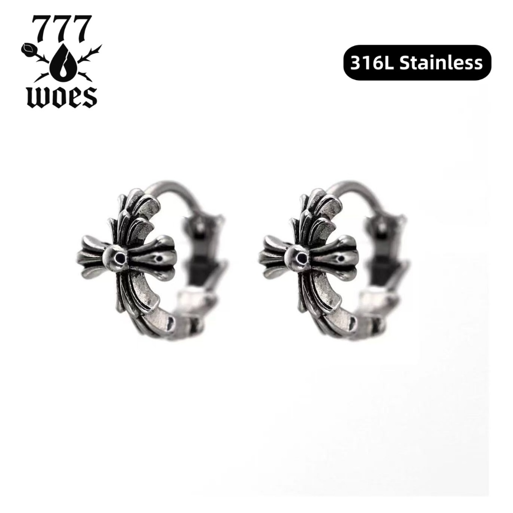 316Lเกรดแพทย์สแตนเลสต่างหูห่วงสไตล์วินเทจกากบาทแฟชั่นPunkChromeHeartsStylevintage