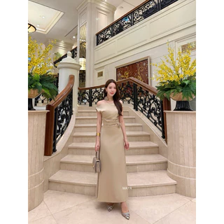 G135 สีน้ำตาลไหม้ มาใหม่ ชุดเดรสปาดไหล่ออกงาน ชุดเพื่อนเจ้าสาว s-2xl สะโพกฟรี มีดอกไม้ผูกให้